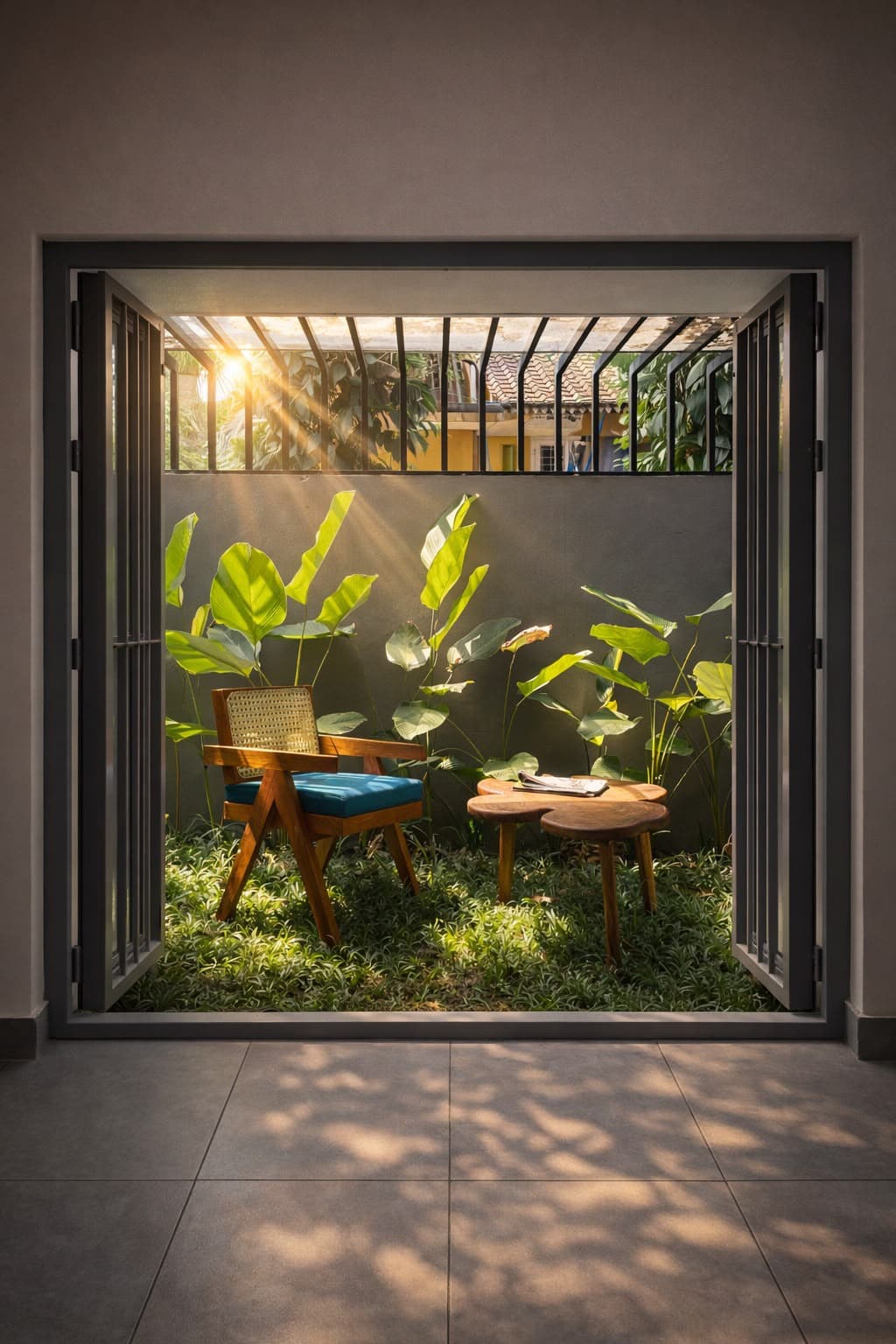 Sunlit inner courtyard garden seen through open doors by Elephant Studio Architects
