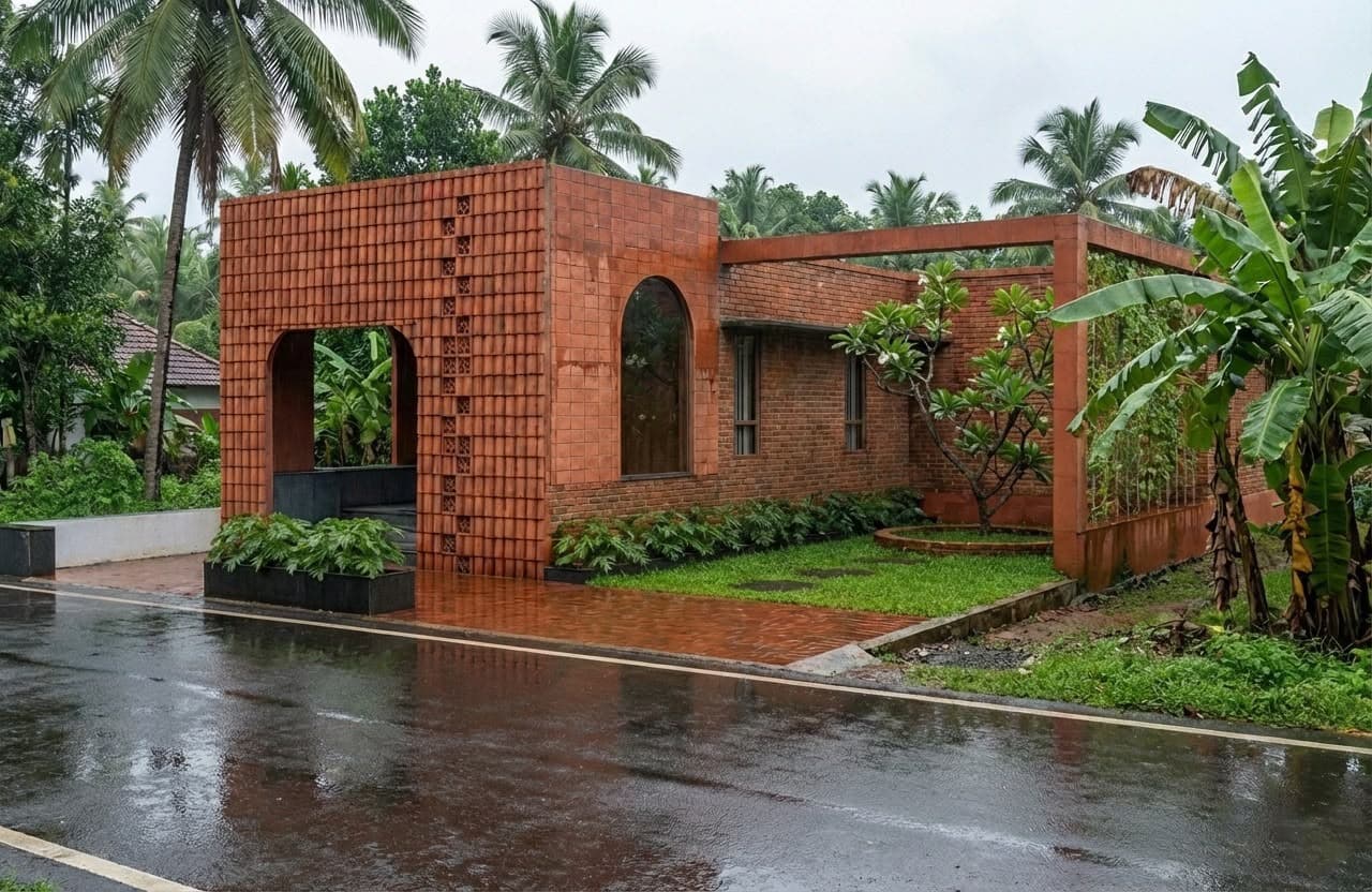 Brick veil house in the rain by Elephant Studio Architects