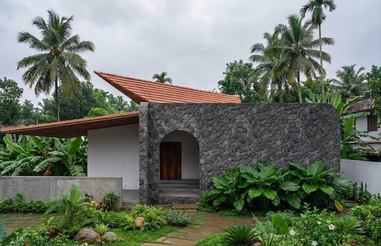 Stone arch residence surrounded by lush greenery by Elephant Studio Architects